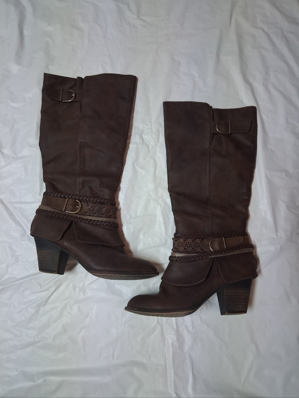 Jellypop Dark Brown Mid-Calf Heeled Boots with Braided Strap Size 8.5 Women